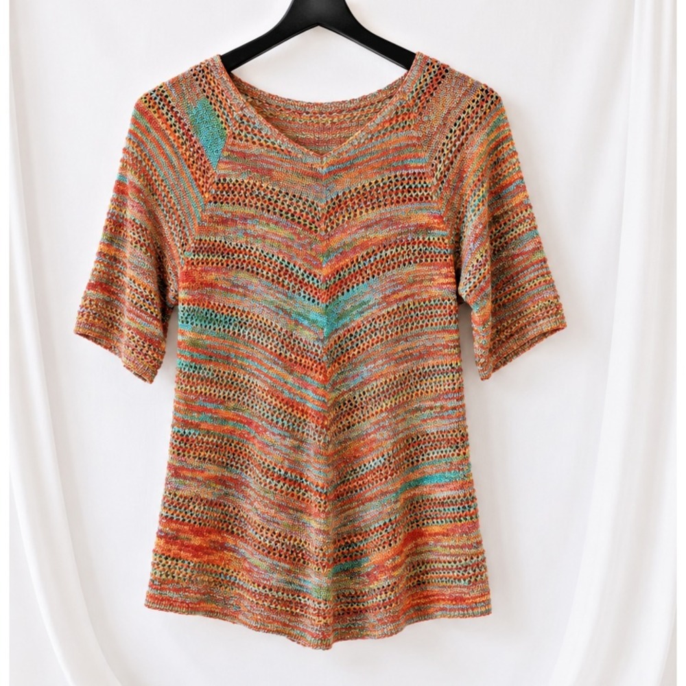 Falls Creek Open Knit Sweater Womens L Multicolor V Neck Lightweight Boho Top